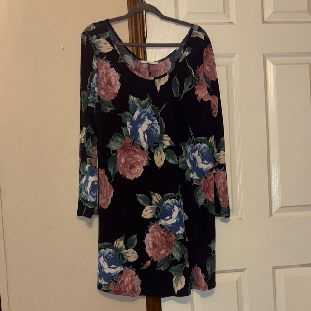 Floral Print Dress with Pink and Blue Roses